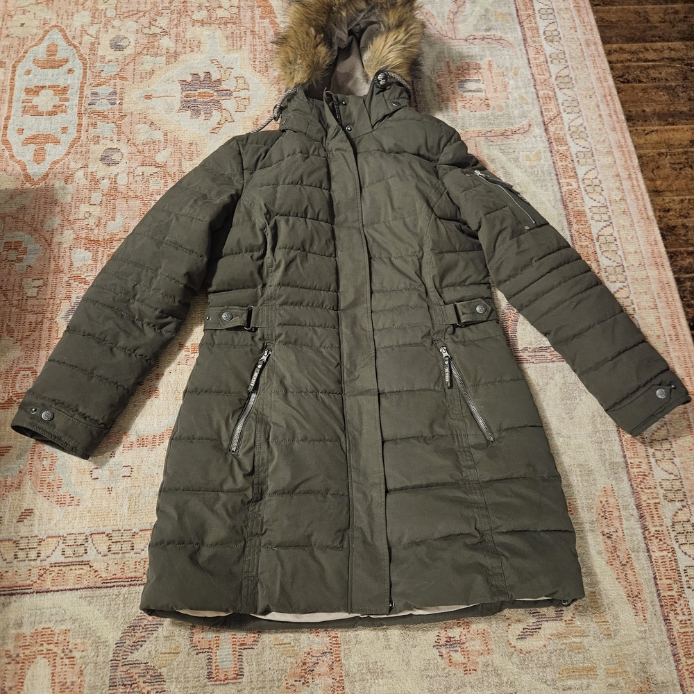 Women’s Olive Green Puffer Coat with Faux Fur Hood